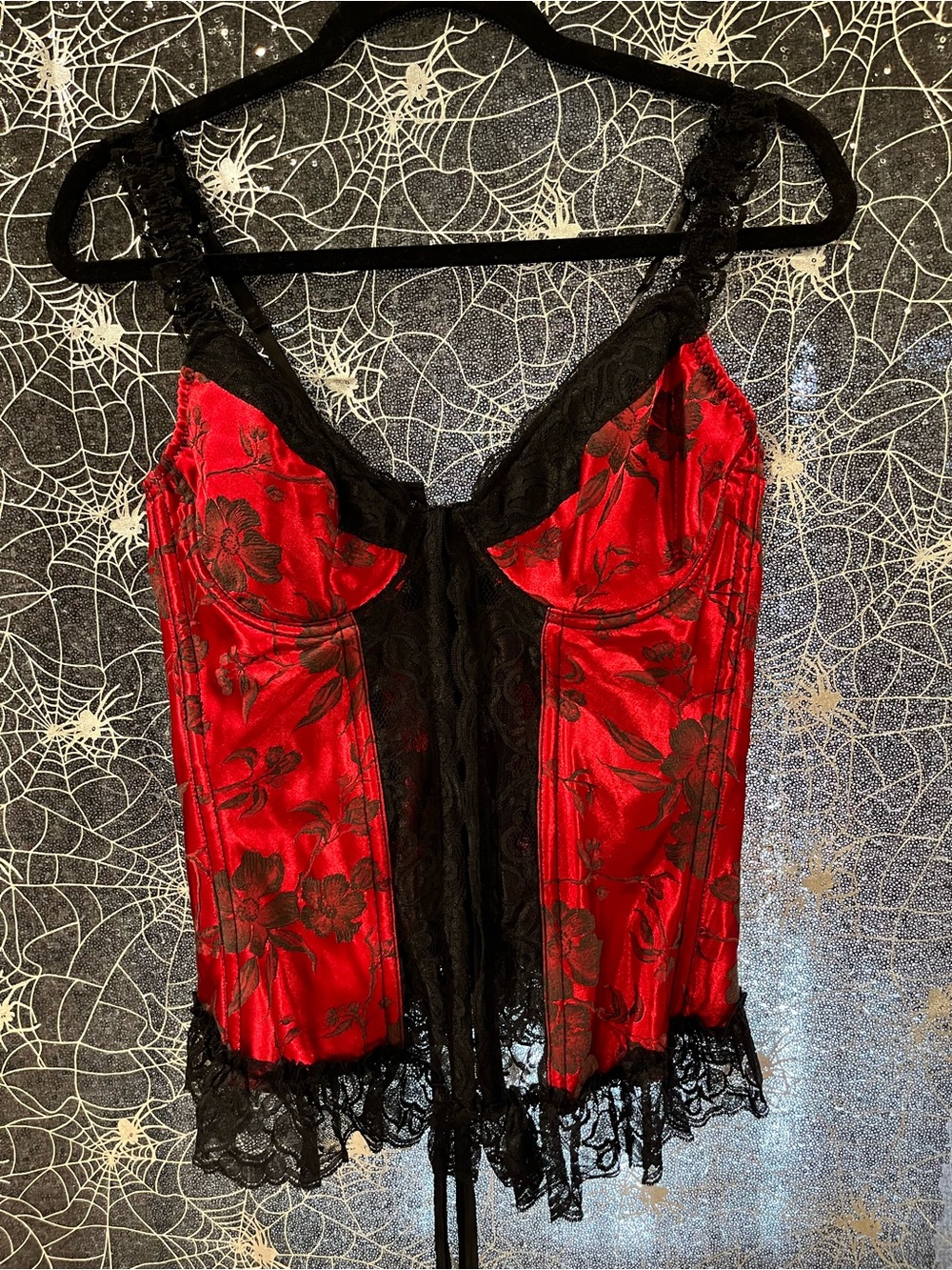 Red Satin & Black Lace Camisole Bustier